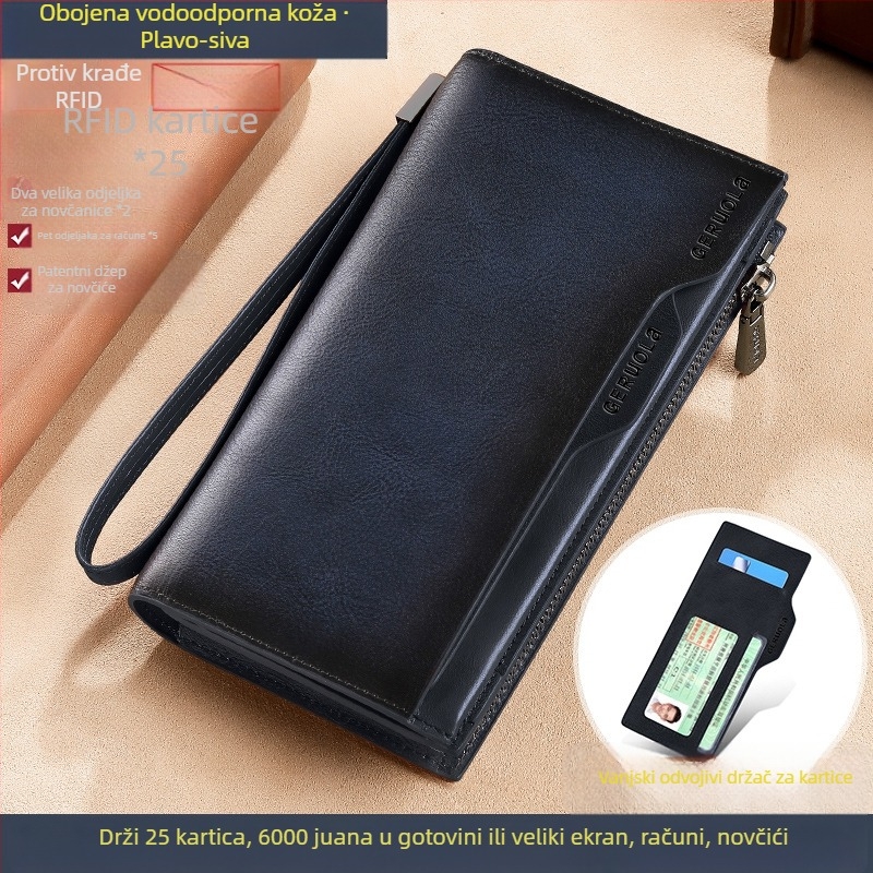 GERUOLA muški dugi kožni novčanik, anti-theft, prvi sloj teleće kože, podstava od poliestera