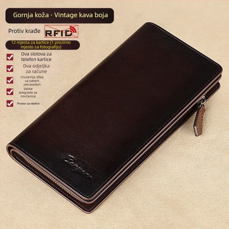 Bananu Muški dugi kožni novčanik – koža prvog sloja, jednofarbni, višestruki pretinci za kartice