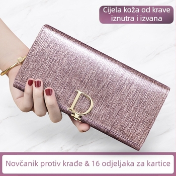 Ženski dugački novčanik od prave kože, dvostruko slojevi krava kože, prugasti uzorak, gradski minimalistički stil, velik kapacitet, više pretinaca za kartice