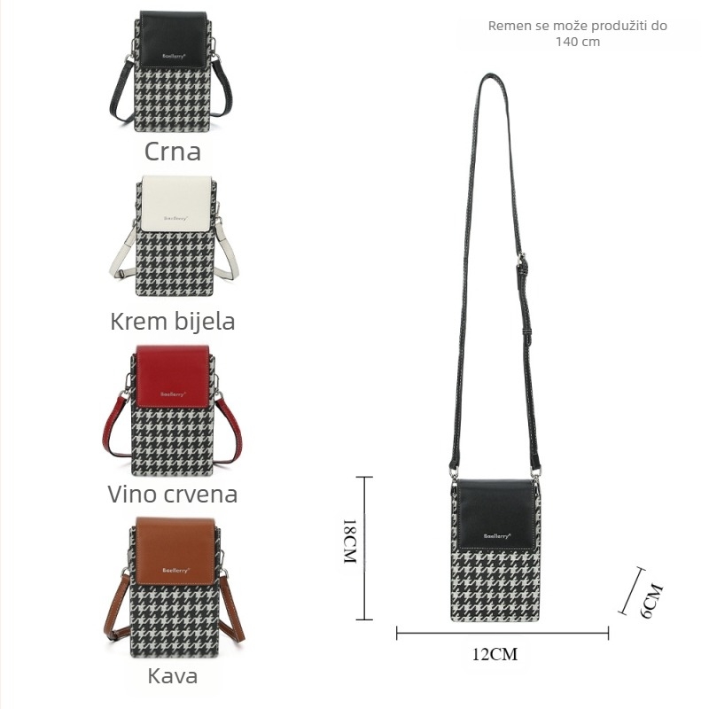 Baellerry ženska torbica za mobitel od PU kože, stražnji pretinac za kartice, uspravna magnetska kopča, unutarnji pretinac sa zatvaračem, uspravni kvadratni oblik, uzorak houndstooth