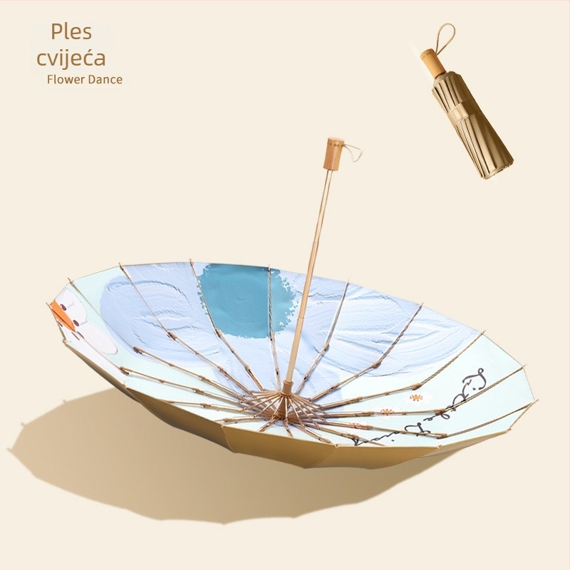 Kišobran s tri sekcije, 16 rebara, drvena drška, 210T platno, UPF preko 50, ručno otvaranje, japanski retro stil