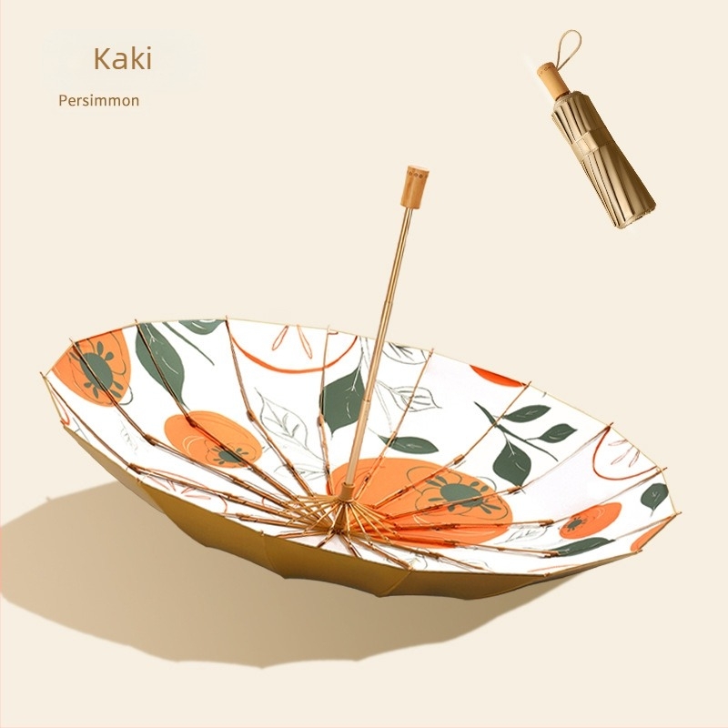 Kišobran s tri sekcije, 16 rebara, drvena drška, 210T platno, UPF preko 50, ručno otvaranje, japanski retro stil