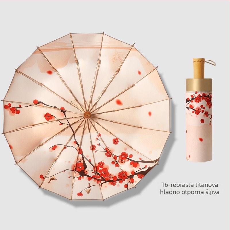 Kišobran s tri sekcije, 16 rebara, drvena drška, 210T platno, UPF preko 50, ručno otvaranje, japanski retro stil