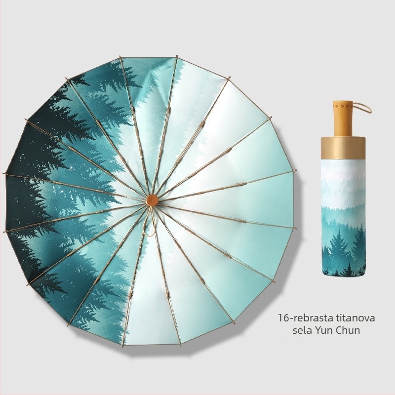 Kišobran s tri sekcije, 16 rebara, drvena drška, 210T platno, UPF preko 50, ručno otvaranje, japanski retro stil