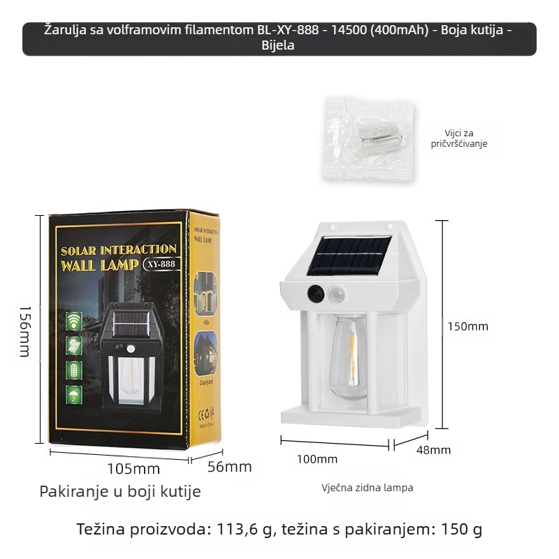 Solarna vanjska zidna svjetiljka s detekcijom pokreta, volframovo vlakno, 3 načina, model XY-888