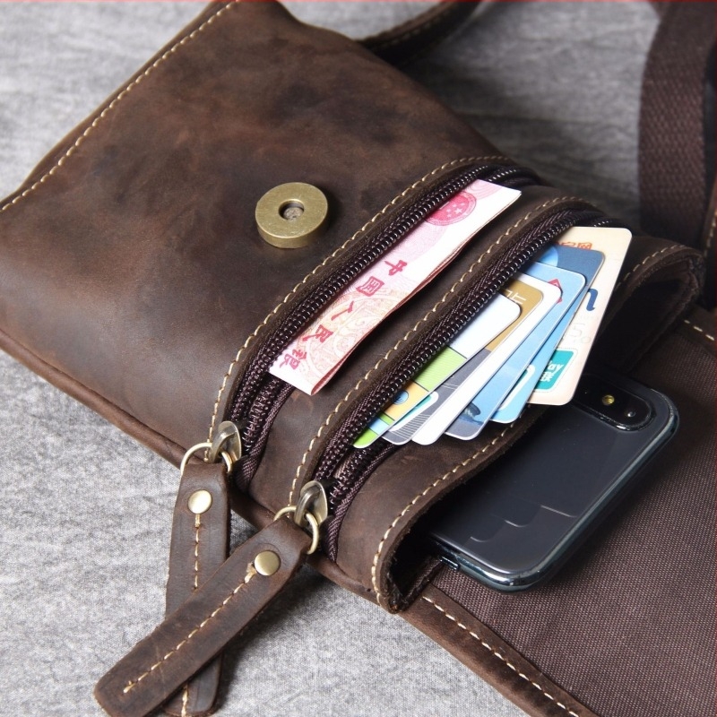 Muška torba za rame – retro stil, prava koža, gornji sloj bikove kože, uspravni kvadratni oblik, zatvaranje kapom, unutarnji džepovi za ID i telefon uz zatvarač