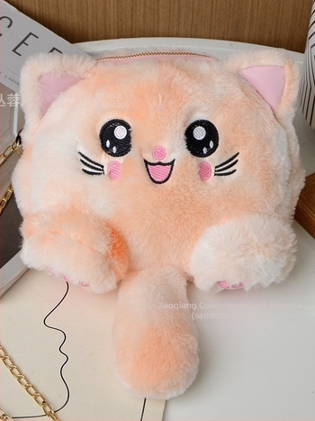 Plišana torbica za rame, kružnog oblika, s zatvaračem, podstava od sintetičke kože, 3D dizajn, s jednom remenom