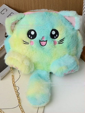 Plišana torbica za rame, kružnog oblika, s zatvaračem, podstava od sintetičke kože, 3D dizajn, s jednom remenom