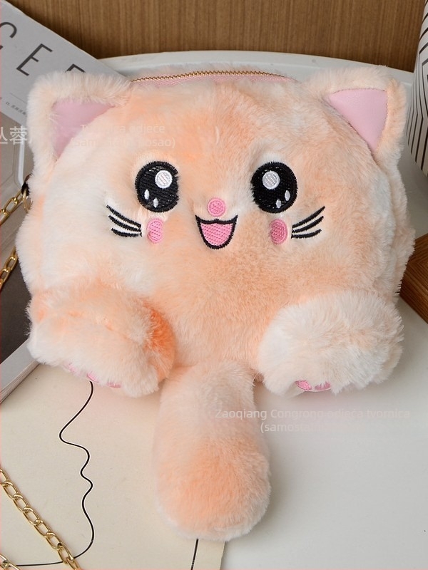 Plišana torbica za rame, kružnog oblika, s zatvaračem, podstava od sintetičke kože, 3D dizajn, s jednom remenom