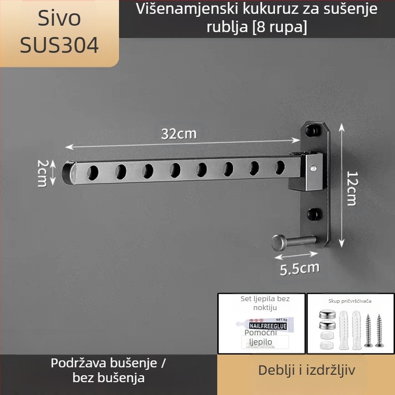 Vješalica za odjeću od nehrđajućeg čelika – sklopiva, fiksnog tipa sušenja, šipka s jednim stupom