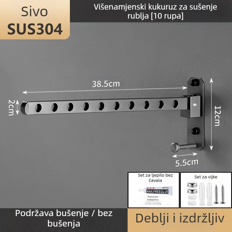 Vješalica za odjeću od nehrđajućeg čelika – sklopiva, fiksnog tipa sušenja, šipka s jednim stupom