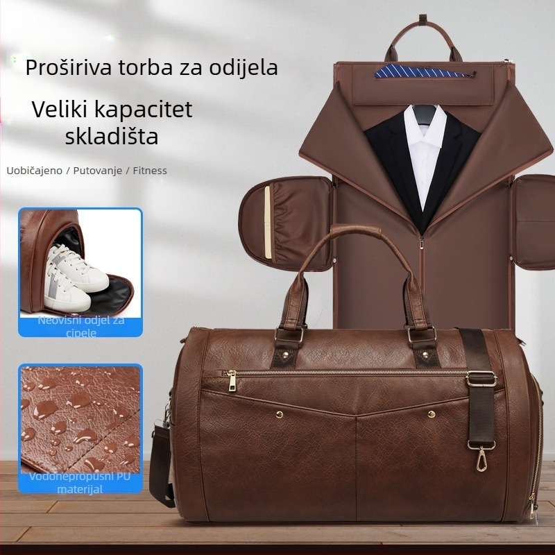 Muška PU kožna torba za odijelo, sklopiva crossbody, vodootporna, kapacitet 36–55L, poliester podstava