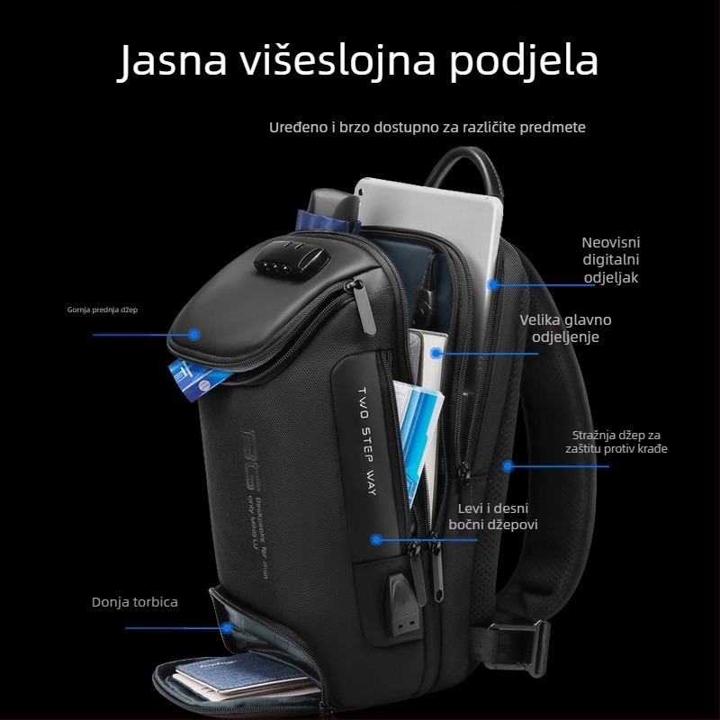 Muška crossbody torba, vodootporna, zaštita od krađe s zaključavanjem na lozinku, Oxford tkanina, model ML7082
