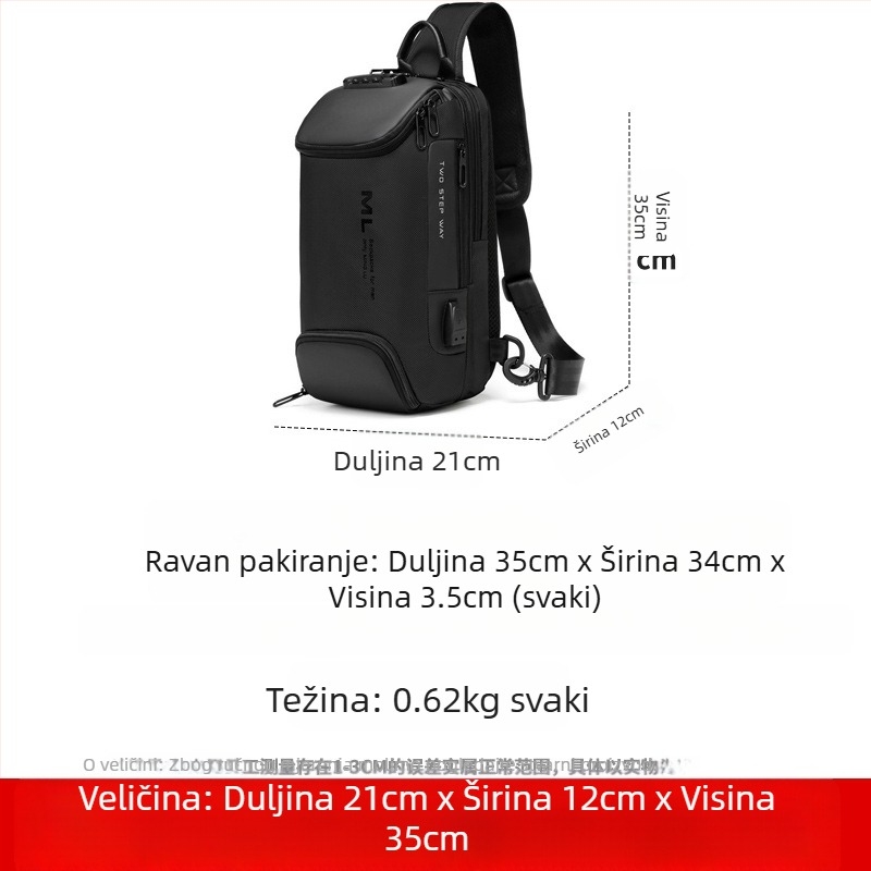 Muška crossbody torba, vodootporna, zaštita od krađe s zaključavanjem na lozinku, Oxford tkanina, model ML7082