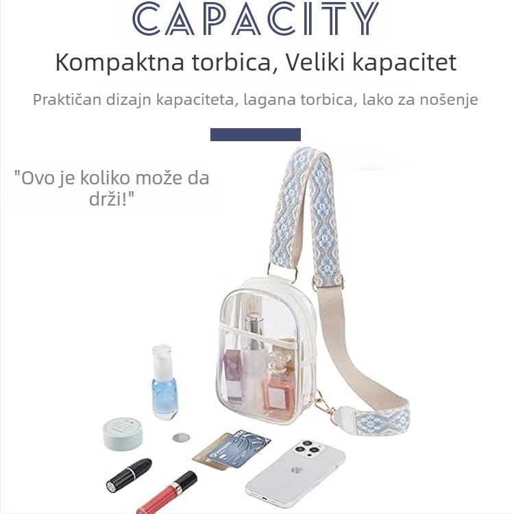 Prozirna torba za ramenu, PVC materijal, street fashion stil, horizontalni kvadratni oblik, zatvaranje na zip, podesivi remen