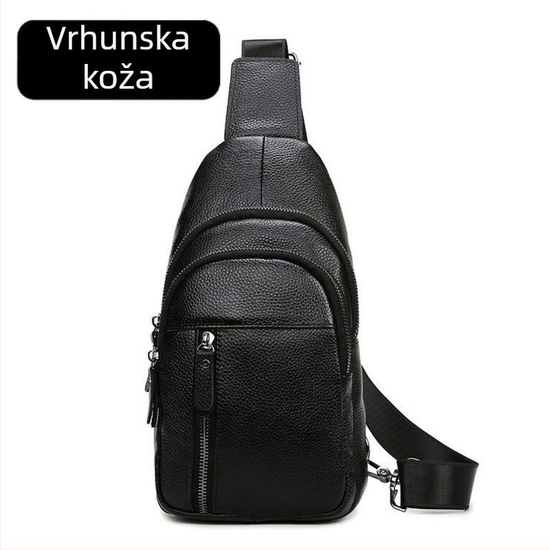 Muška torbica za prsni koš od prave kože gornjeg sloja kravlje kože, urban minimalistički stil, crossbody, prima 8-inčni tablet, podstava od poliestera, DIVECEN