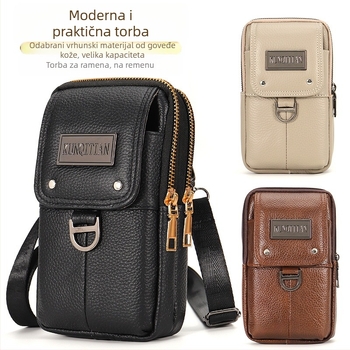 Muška kožna torbica za telefon na kaišu, pravo koža, koža prvog sloja, uspravni kvadratni oblik, zatvarač, poslovni stil