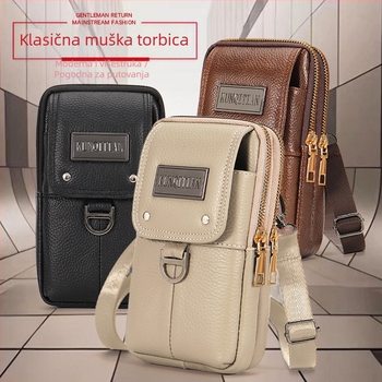 Muška kožna torbica za telefon na kaišu, pravo koža, koža prvog sloja, uspravni kvadratni oblik, zatvarač, poslovni stil