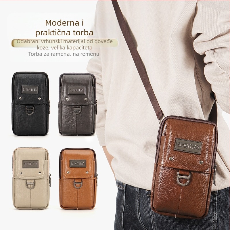 Muška kožna torbica za telefon na kaišu, pravo koža, koža prvog sloja, uspravni kvadratni oblik, zatvarač, poslovni stil