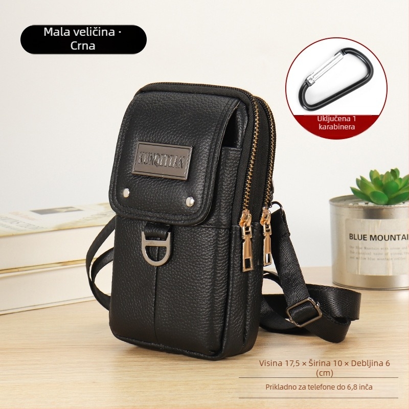 Muška kožna torbica za telefon na kaišu, pravo koža, koža prvog sloja, uspravni kvadratni oblik, zatvarač, poslovni stil