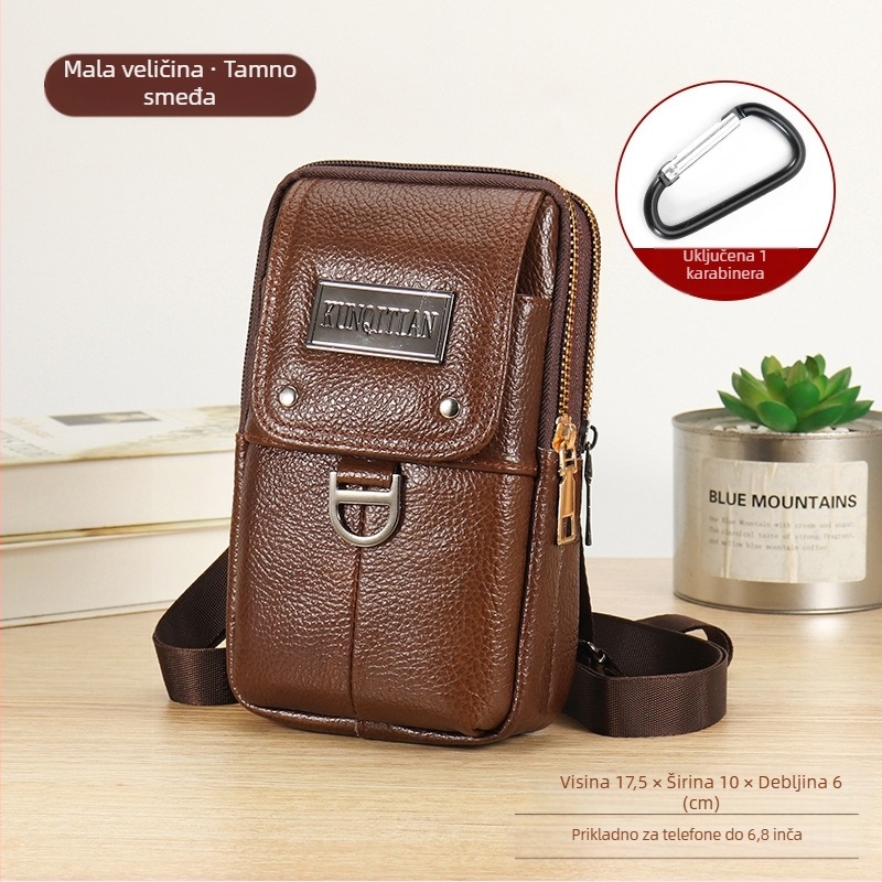 Muška kožna torbica za telefon na kaišu, pravo koža, koža prvog sloja, uspravni kvadratni oblik, zatvarač, poslovni stil