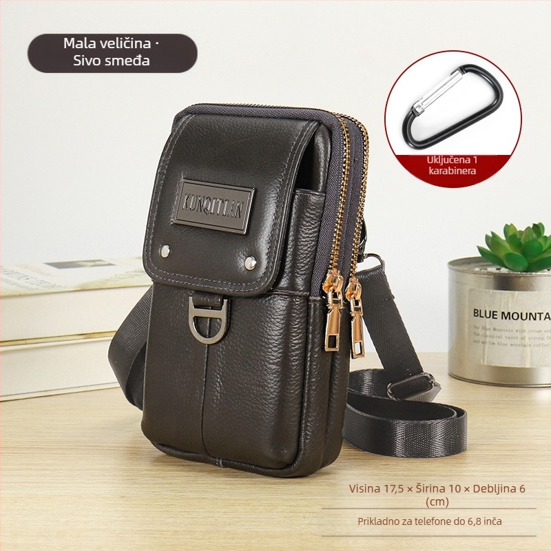 Muška kožna torbica za telefon na kaišu, pravo koža, koža prvog sloja, uspravni kvadratni oblik, zatvarač, poslovni stil