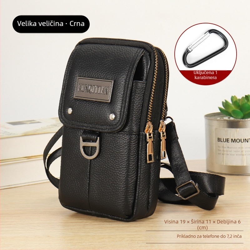 Muška kožna torbica za telefon na kaišu, pravo koža, koža prvog sloja, uspravni kvadratni oblik, zatvarač, poslovni stil