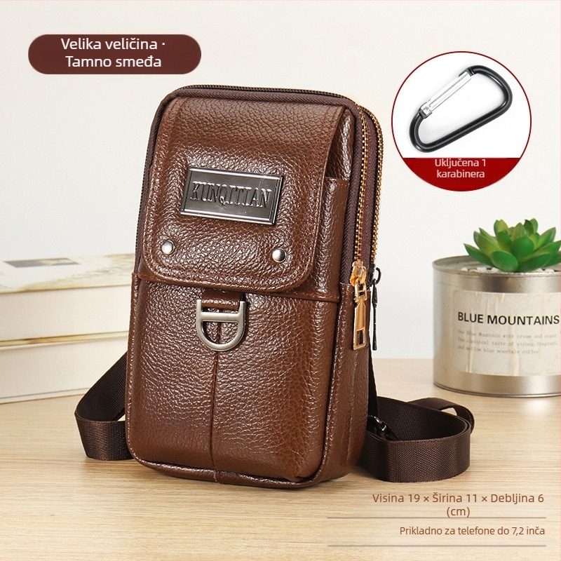 Muška kožna torbica za telefon na kaišu, pravo koža, koža prvog sloja, uspravni kvadratni oblik, zatvarač, poslovni stil