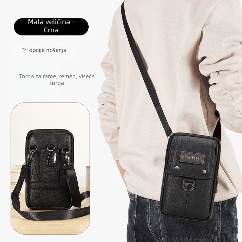 Muška kožna torbica za telefon na kaišu, pravo koža, koža prvog sloja, uspravni kvadratni oblik, zatvarač, poslovni stil