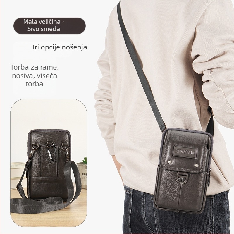 Muška kožna torbica za telefon na kaišu, pravo koža, koža prvog sloja, uspravni kvadratni oblik, zatvarač, poslovni stil