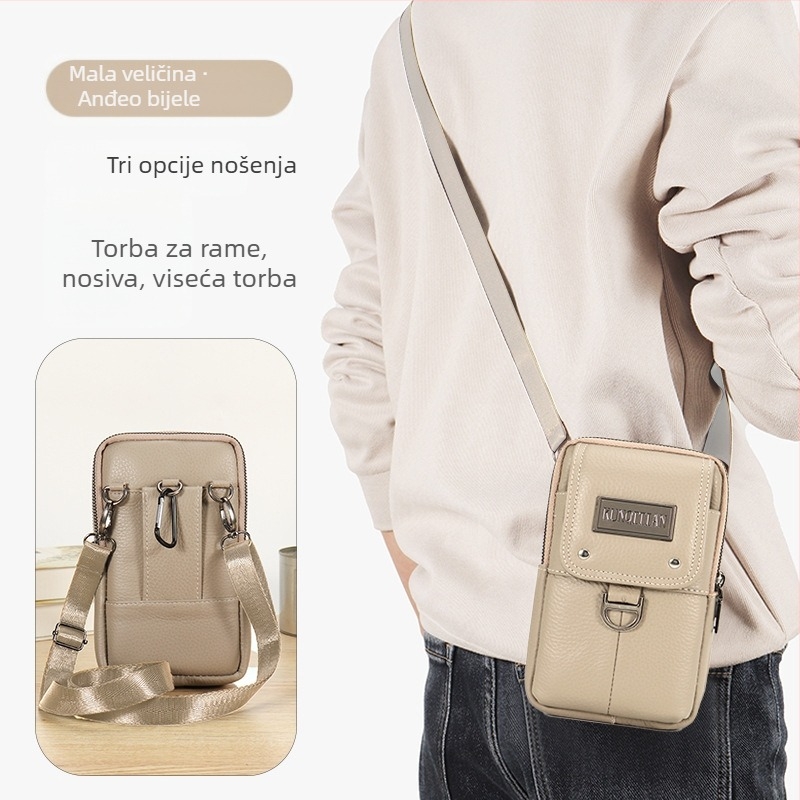 Muška kožna torbica za telefon na kaišu, pravo koža, koža prvog sloja, uspravni kvadratni oblik, zatvarač, poslovni stil