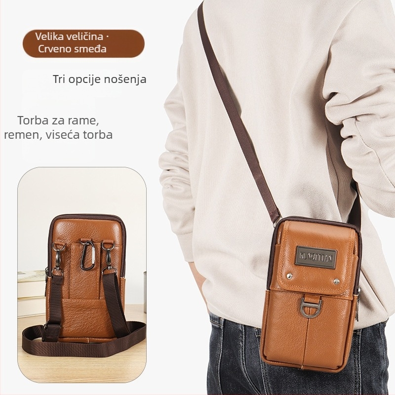 Muška kožna torbica za telefon na kaišu, pravo koža, koža prvog sloja, uspravni kvadratni oblik, zatvarač, poslovni stil