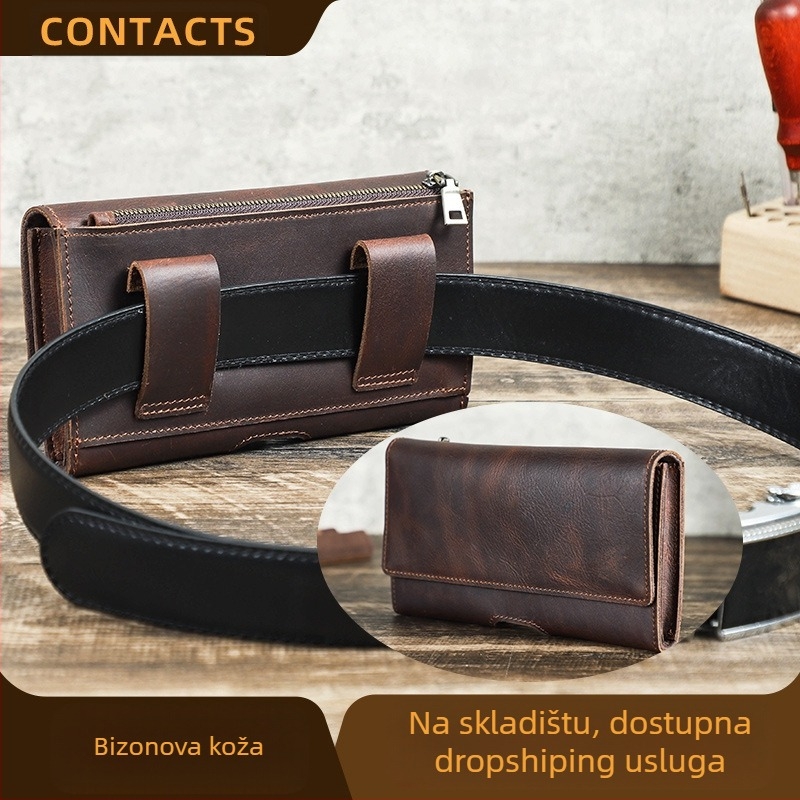 Muška pojasna torbica za telefon, od prave kože, prvi sloj kože, prozračna, višenamjenska