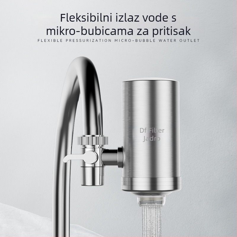 Prednje montiran nehrđajući čelični filtar za vodu za kuhinju i kupaonicu; zamjenjivi i perivi keramički filter; ultrafiltracijska membrana, 1. razina filtracije, 0–38°C, tlak vode 0.1–0.4 MPa, 1000 L/dan