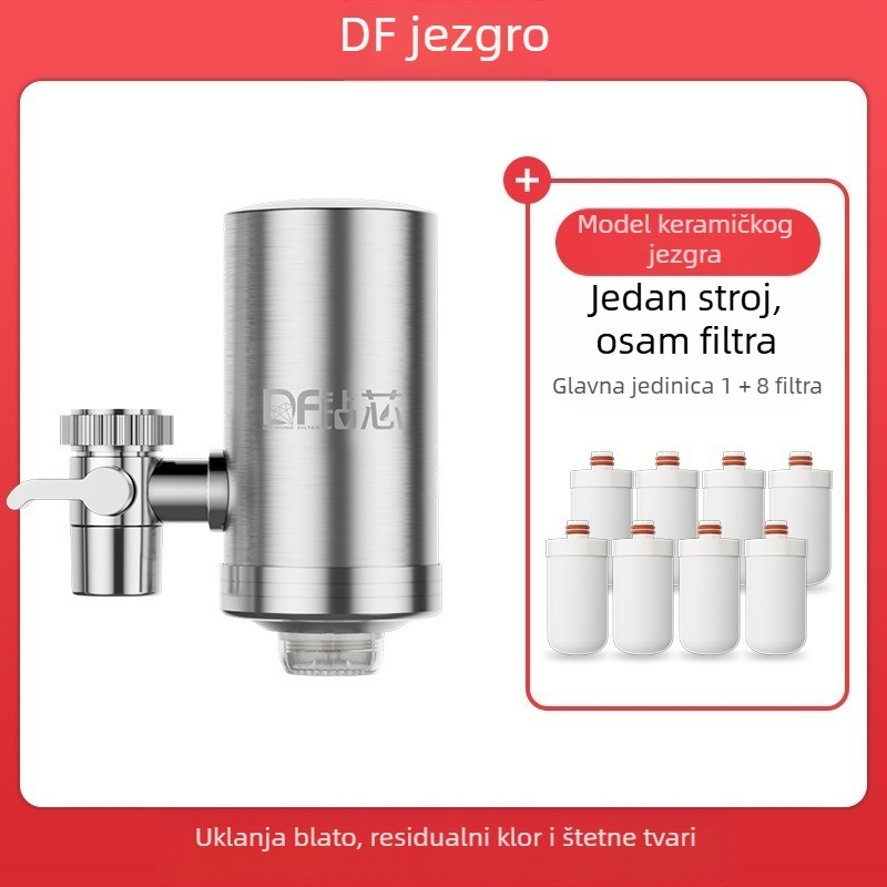 Prednje montiran nehrđajući čelični filtar za vodu za kuhinju i kupaonicu; zamjenjivi i perivi keramički filter; ultrafiltracijska membrana, 1. razina filtracije, 0–38°C, tlak vode 0.1–0.4 MPa, 1000 L/dan