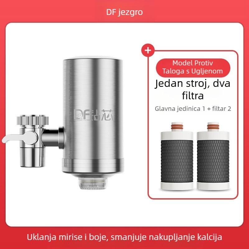 Prednje montiran nehrđajući čelični filtar za vodu za kuhinju i kupaonicu; zamjenjivi i perivi keramički filter; ultrafiltracijska membrana, 1. razina filtracije, 0–38°C, tlak vode 0.1–0.4 MPa, 1000 L/dan