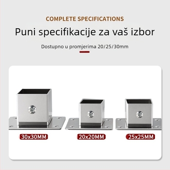Kvadratna baza s flange za bočni nosač cijevi, nehrđajući čelik 201, brušena površina, moderni minimalistički dizajn