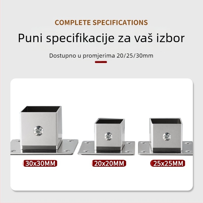 Kvadratna baza s flange za bočni nosač cijevi, nehrđajući čelik 201, brušena površina, moderni minimalistički dizajn