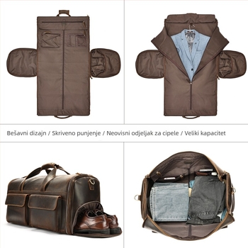 Marunte muška putna torba od prave kože, ručno nošenje, poslovni stil, kapacitet 36-55 L, prvi sloj goveđe kože, poliester podstava