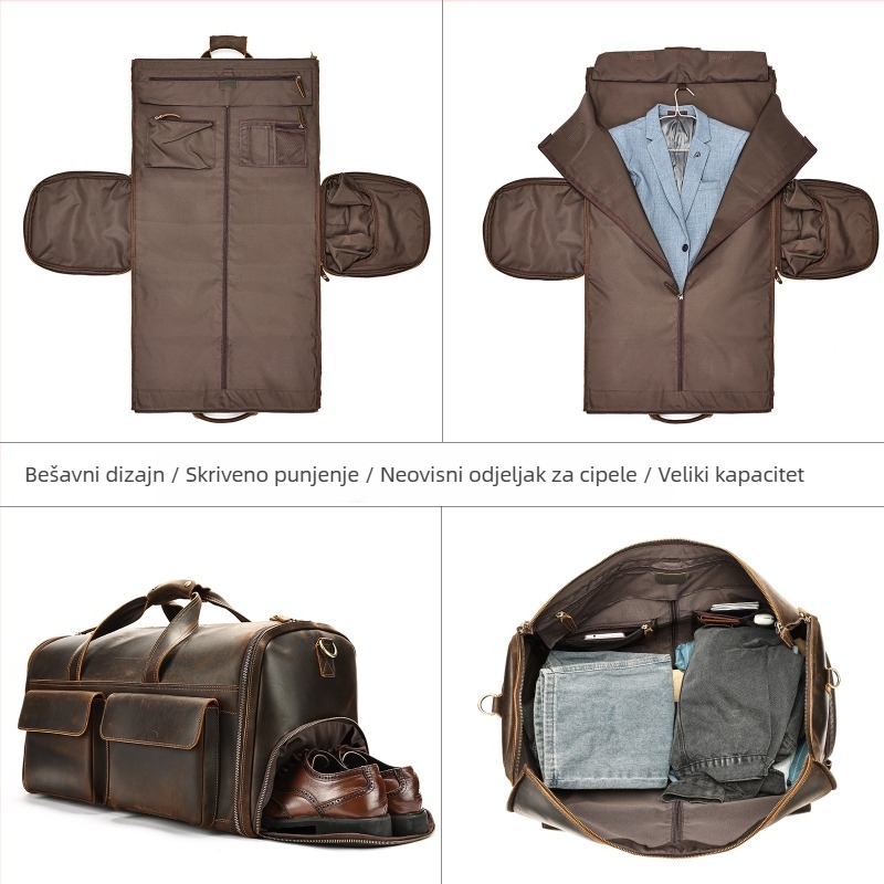 Marunte muška putna torba od prave kože, ručno nošenje, poslovni stil, kapacitet 36-55 L, prvi sloj goveđe kože, poliester podstava
