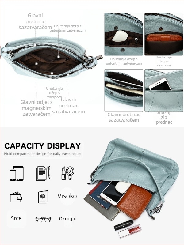 Kožna crossbody torba, mala kvadratna forma, koža prvog sloja, dvostruke naramenice, džep sa zatvaračem
