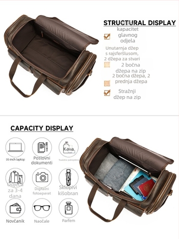 Marunte muška putna torba od prave kože s crossbody remenom, Crazy Horse koža, kapacitet 36–55 L, poliester podstava