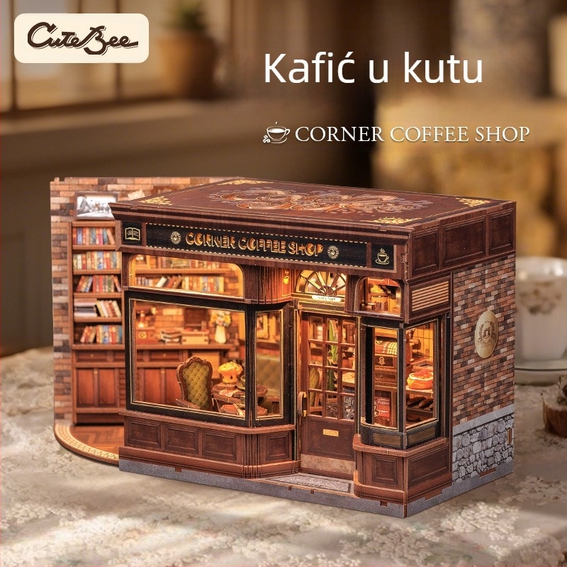 Drveni DIY 3D arhitektonski model: Corner Coffee Shop, baterijsko napajanje, zahtijeva sklapanje, CuteBee