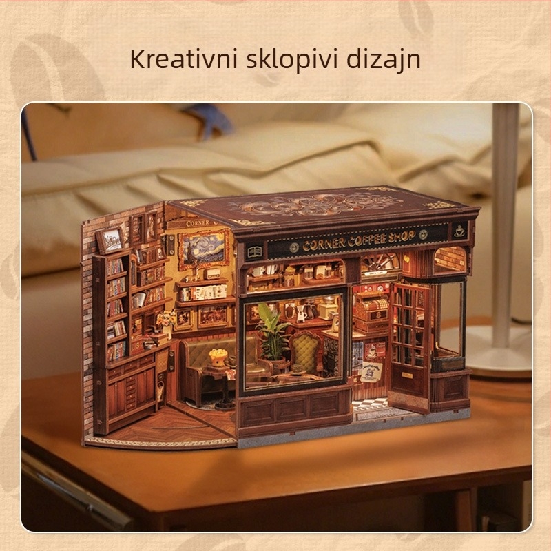 Drveni DIY 3D arhitektonski model: Corner Coffee Shop, baterijsko napajanje, zahtijeva sklapanje, CuteBee