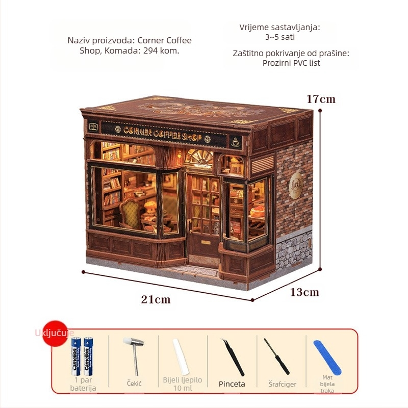 Drveni DIY 3D arhitektonski model: Corner Coffee Shop, baterijsko napajanje, zahtijeva sklapanje, CuteBee