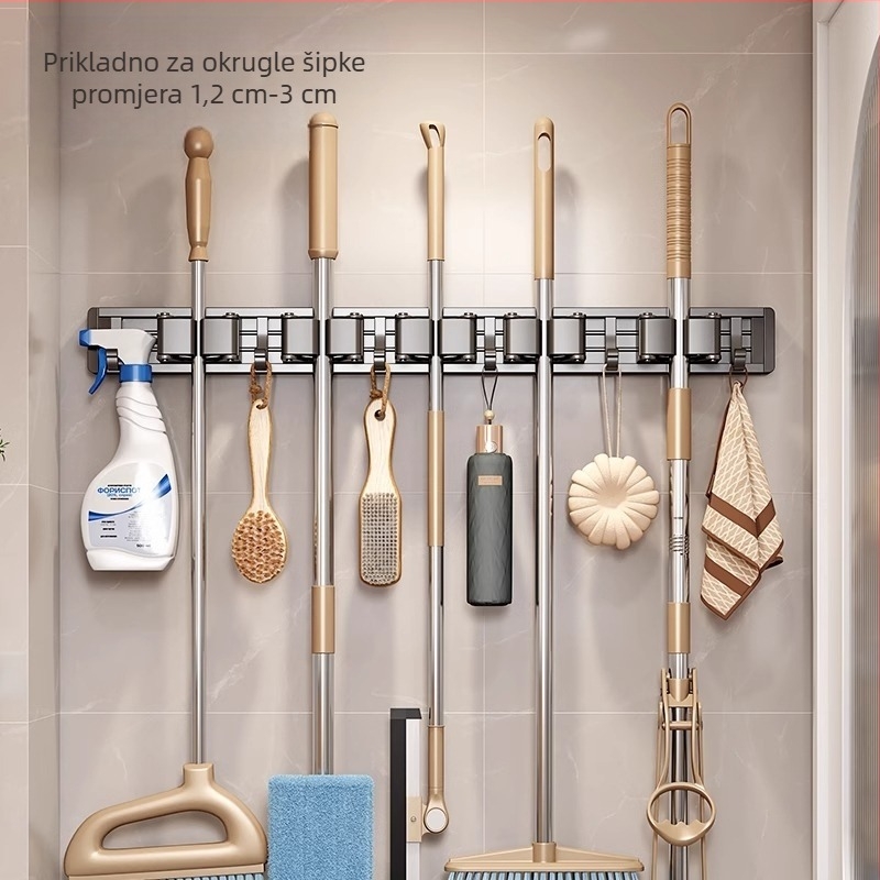 Zidni držač za mop i metlu | aluminij tipa kosmos | nosivost 10 kg | oksidacijski postupak | završni oksidacijski sloj | lagani luksuzni stil