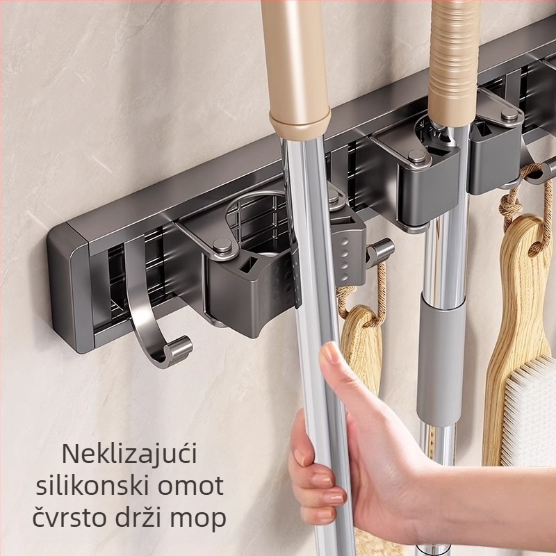 Zidni držač za mop i metlu | aluminij tipa kosmos | nosivost 10 kg | oksidacijski postupak | završni oksidacijski sloj | lagani luksuzni stil