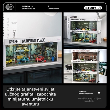 1:64‑skalni automobil za izložbu u PVC kutiji sa garažnom scenom i rasvjetom; sastavljanje je potrebno; prilagodljivo prema crtežima
