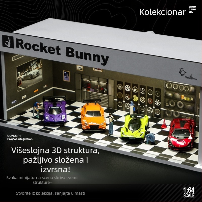 1:64‑skalni automobil za izložbu u PVC kutiji sa garažnom scenom i rasvjetom; sastavljanje je potrebno; prilagodljivo prema crtežima