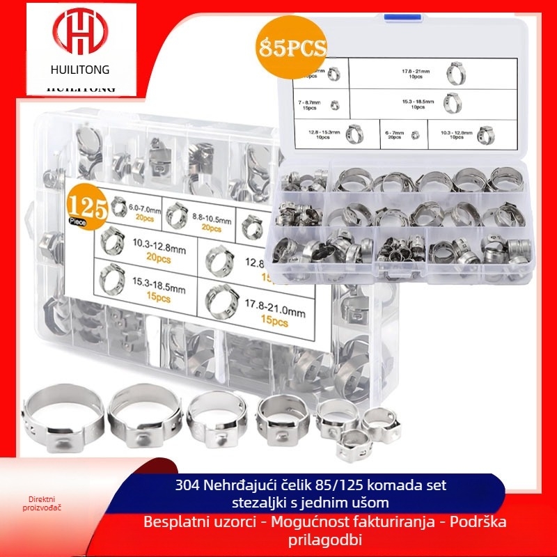 Set od nehrđajućeg čelika 304 s jednim uhom, bez stupnja, klamerica za auto uljne i vodovodne crijevo, nominalni promjer 26 mm, promjer pričvršivanja 25 mm, brenda Huilitong